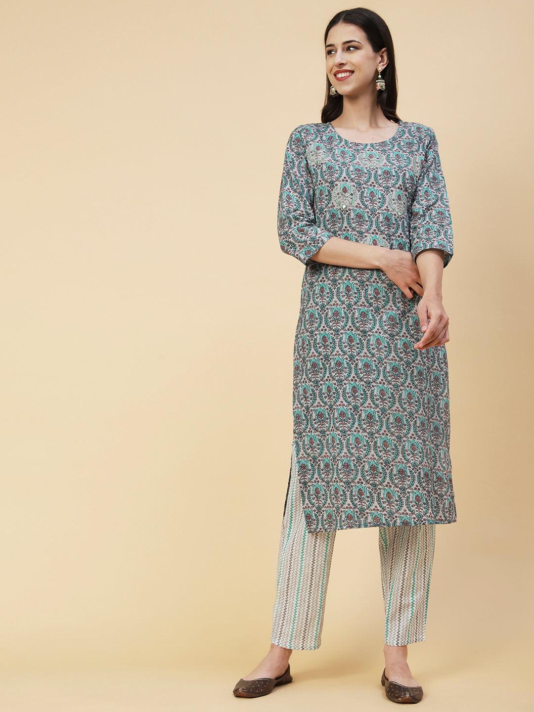 Ethnic Printed & Embroidered Straight Fit Kurta with Pant - Grey - Indiakreations