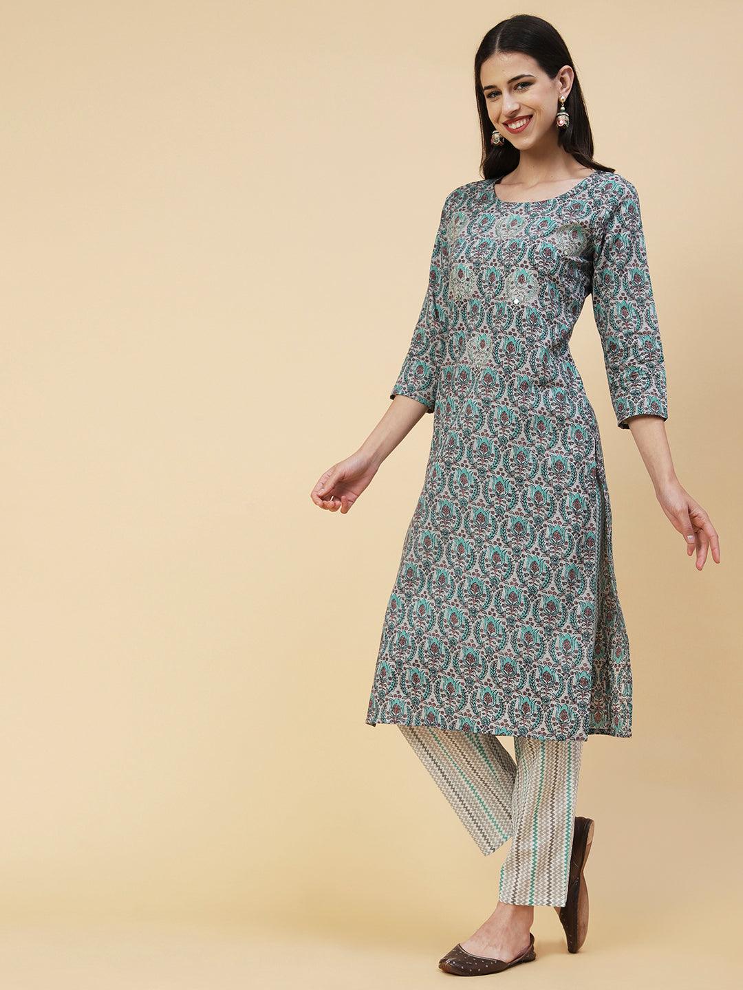 Ethnic Printed & Embroidered Straight Fit Kurta with Pant - Grey - Indiakreations