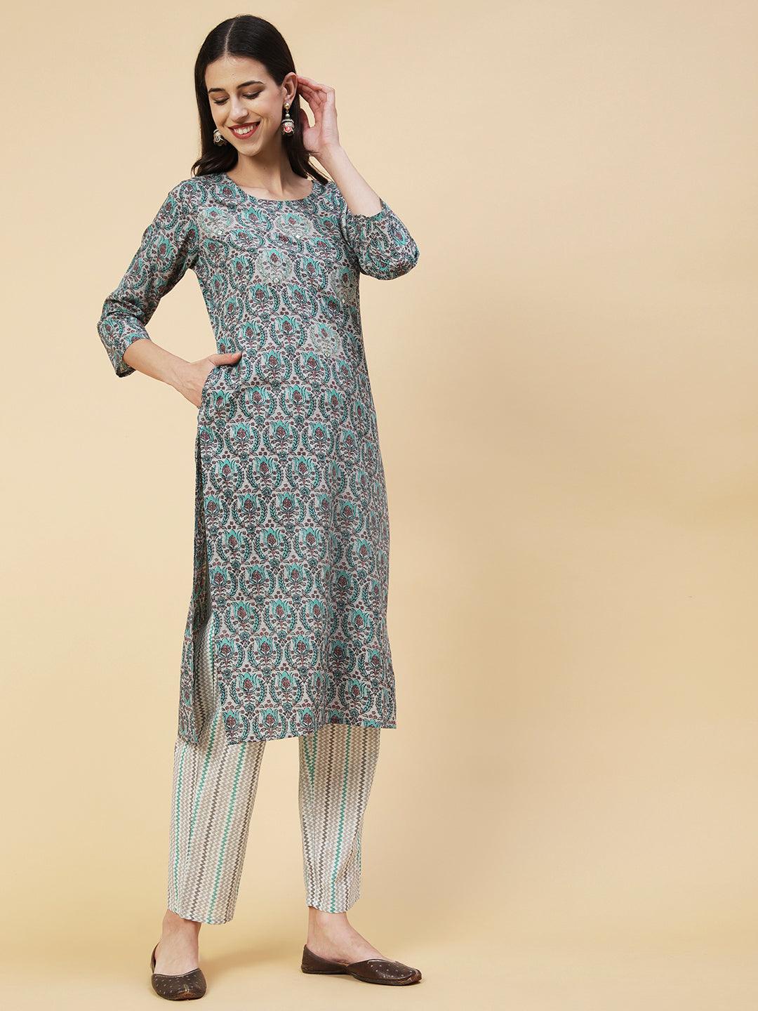 Ethnic Printed & Embroidered Straight Fit Kurta with Pant - Grey - Indiakreations