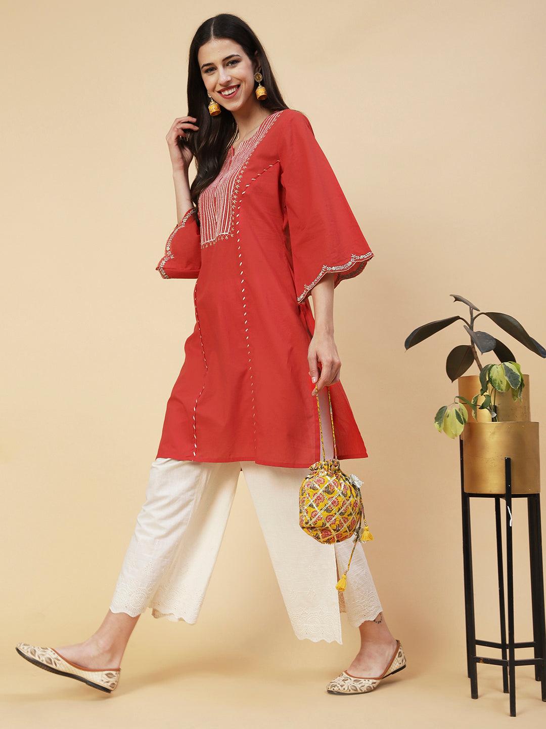 Zari Embroidered Straight Fit Kurta with Schiffli Palazzo - Red - Indiakreations