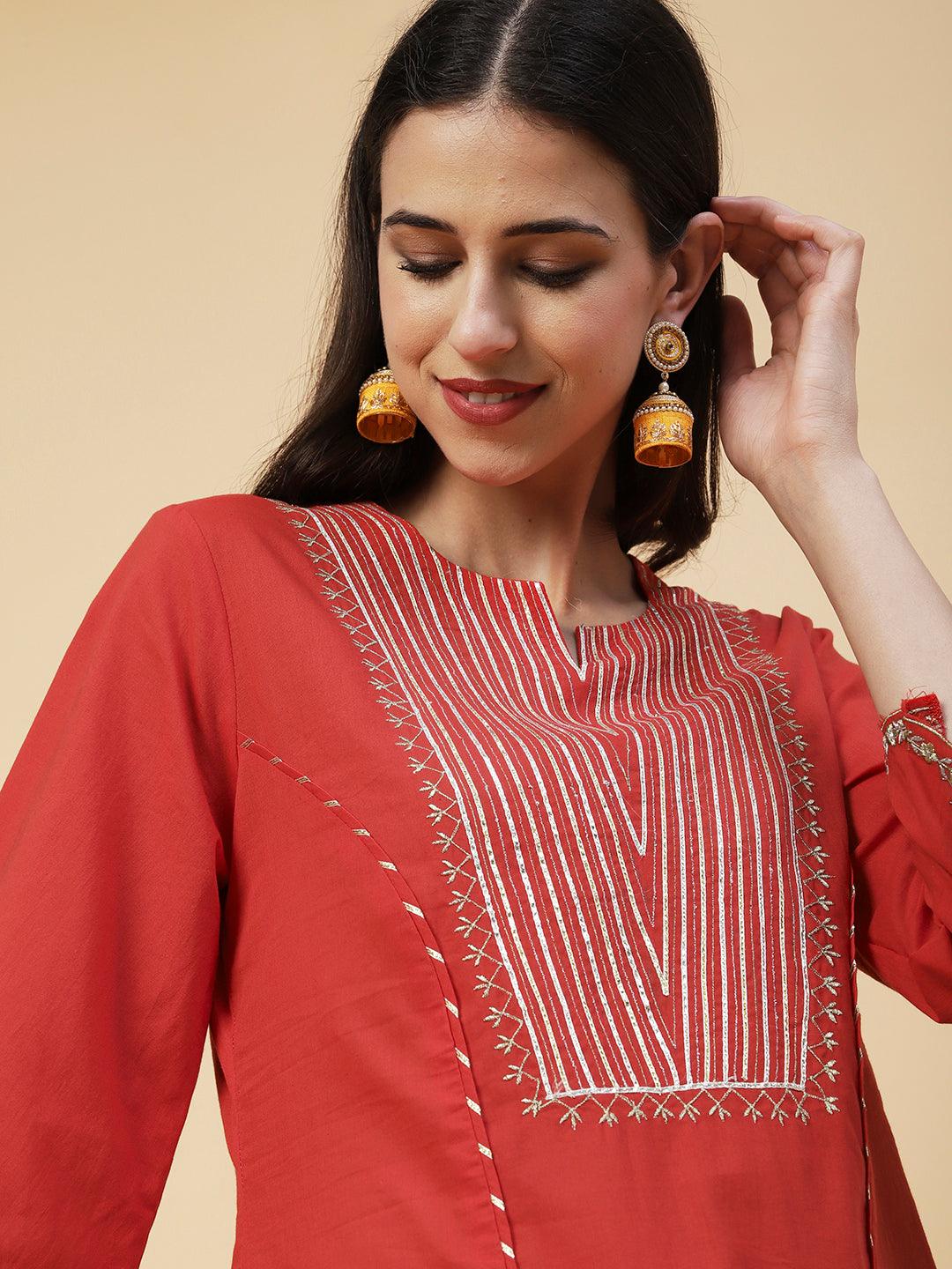 Zari Embroidered Straight Fit Kurta with Schiffli Palazzo - Red - Indiakreations