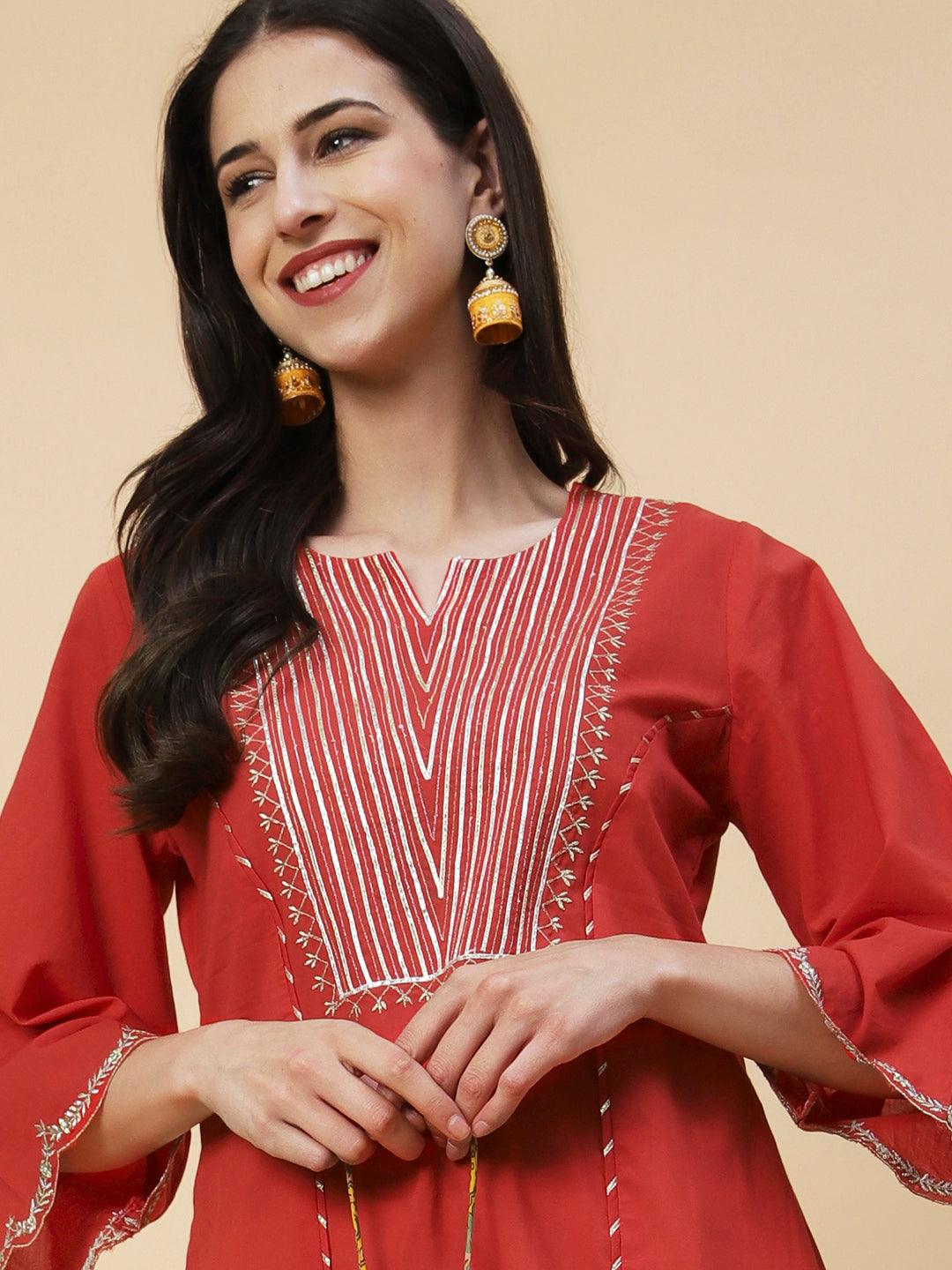 Zari Embroidered Straight Fit Kurta with Schiffli Palazzo - Red - Indiakreations