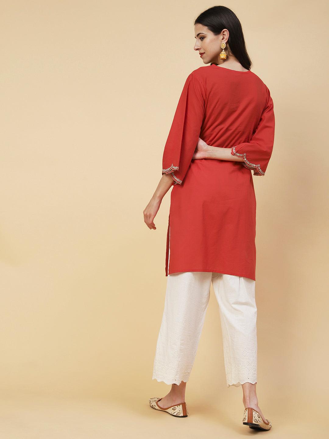 Zari Embroidered Straight Fit Kurta with Schiffli Palazzo - Red - Indiakreations