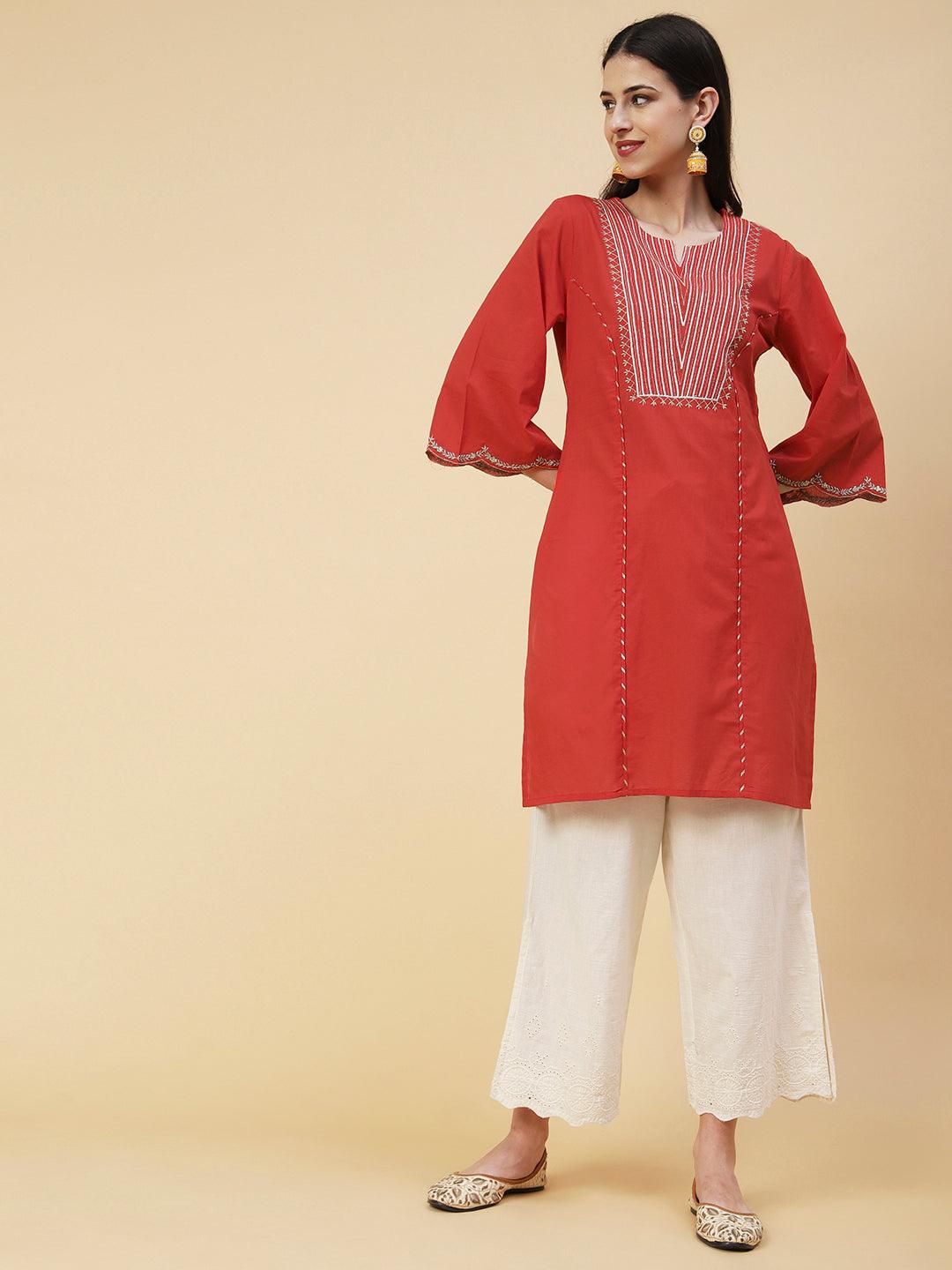 Zari Embroidered Straight Fit Kurta with Schiffli Palazzo - Red - Indiakreations