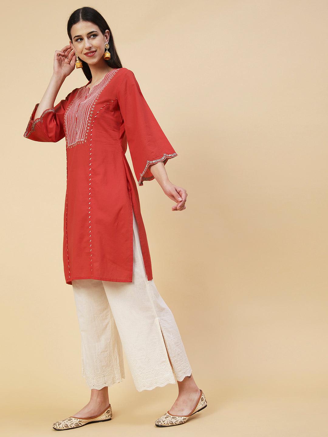 Zari Embroidered Straight Fit Kurta with Schiffli Palazzo - Red - Indiakreations