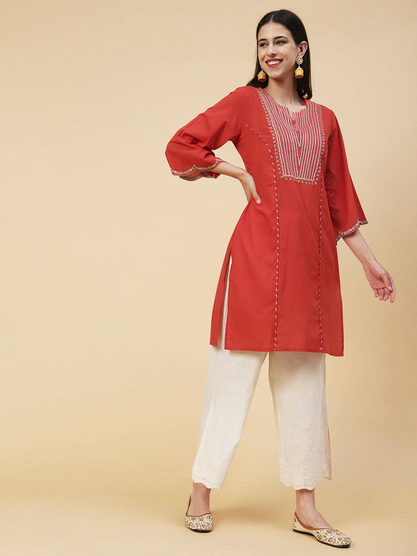 Zari Embroidered Straight Fit Kurta with Schiffli Palazzo - Red - Indiakreations