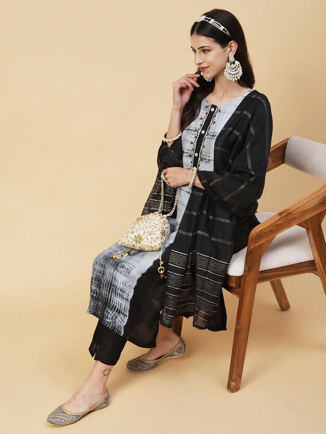 Tie - Dyed & Hand Embroidered Straight Fit Kurta with Pant & Dupatta - Black - Indiakreations