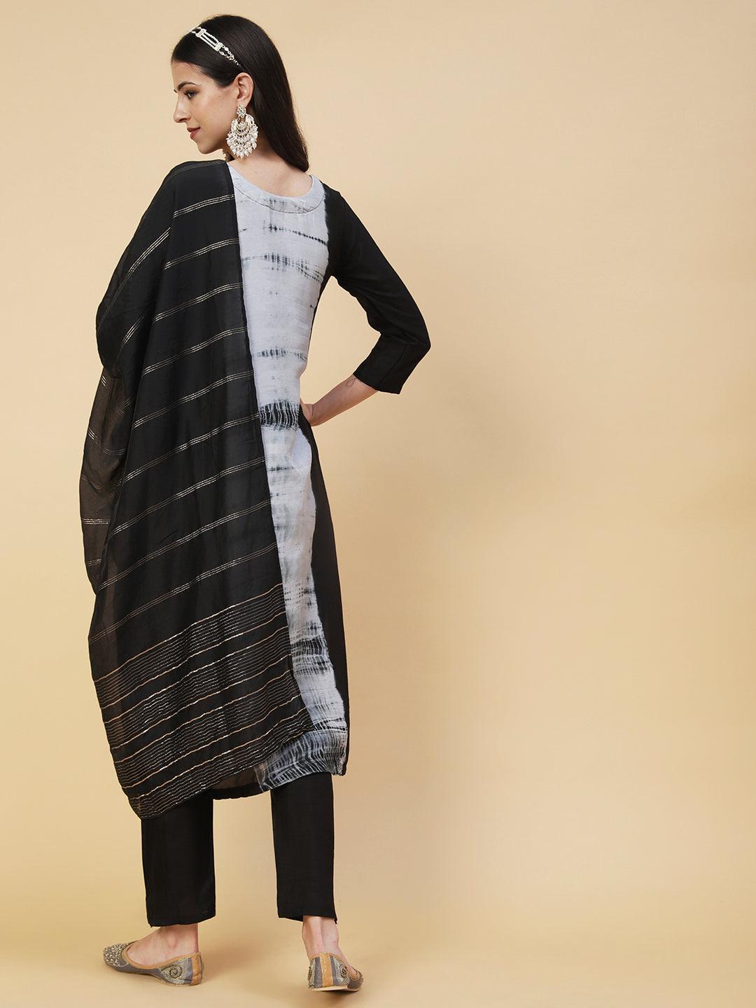 Tie - Dyed & Hand Embroidered Straight Fit Kurta with Pant & Dupatta - Black - Indiakreations