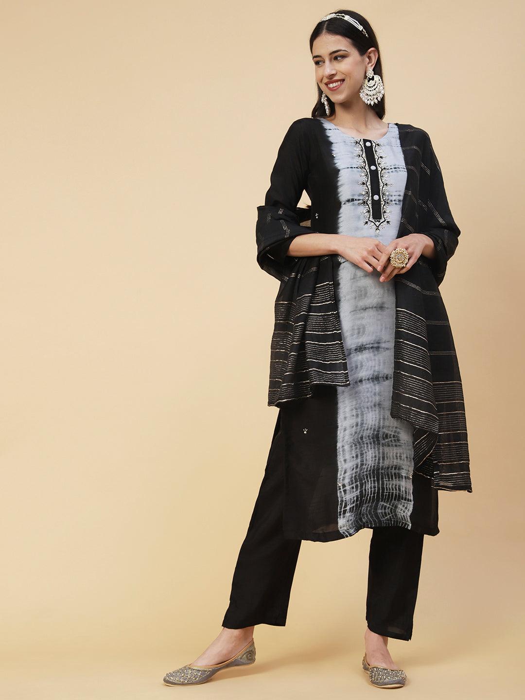 Tie - Dyed & Hand Embroidered Straight Fit Kurta with Pant & Dupatta - Black - Indiakreations