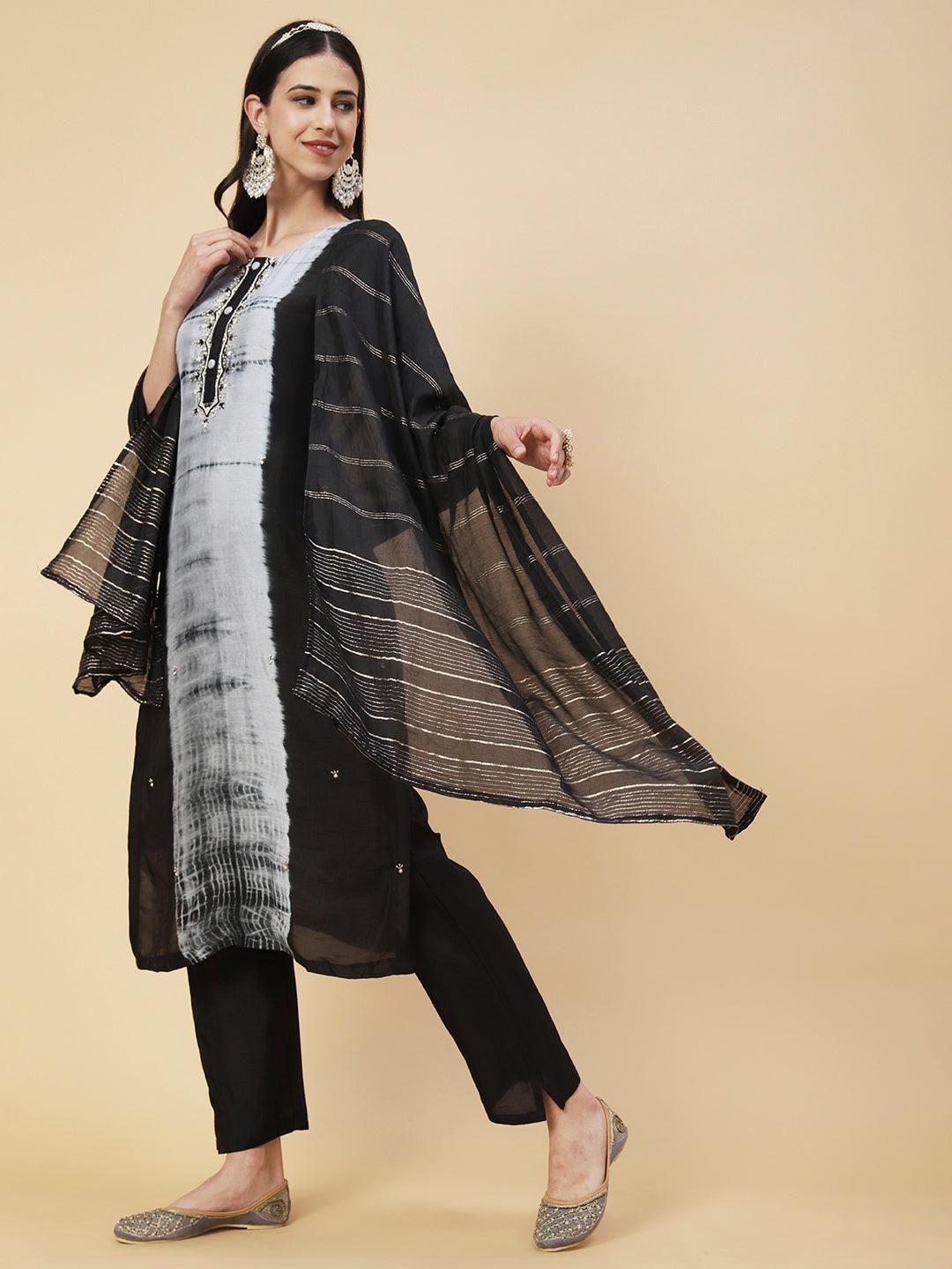 Tie - Dyed & Hand Embroidered Straight Fit Kurta with Pant & Dupatta - Black - Indiakreations