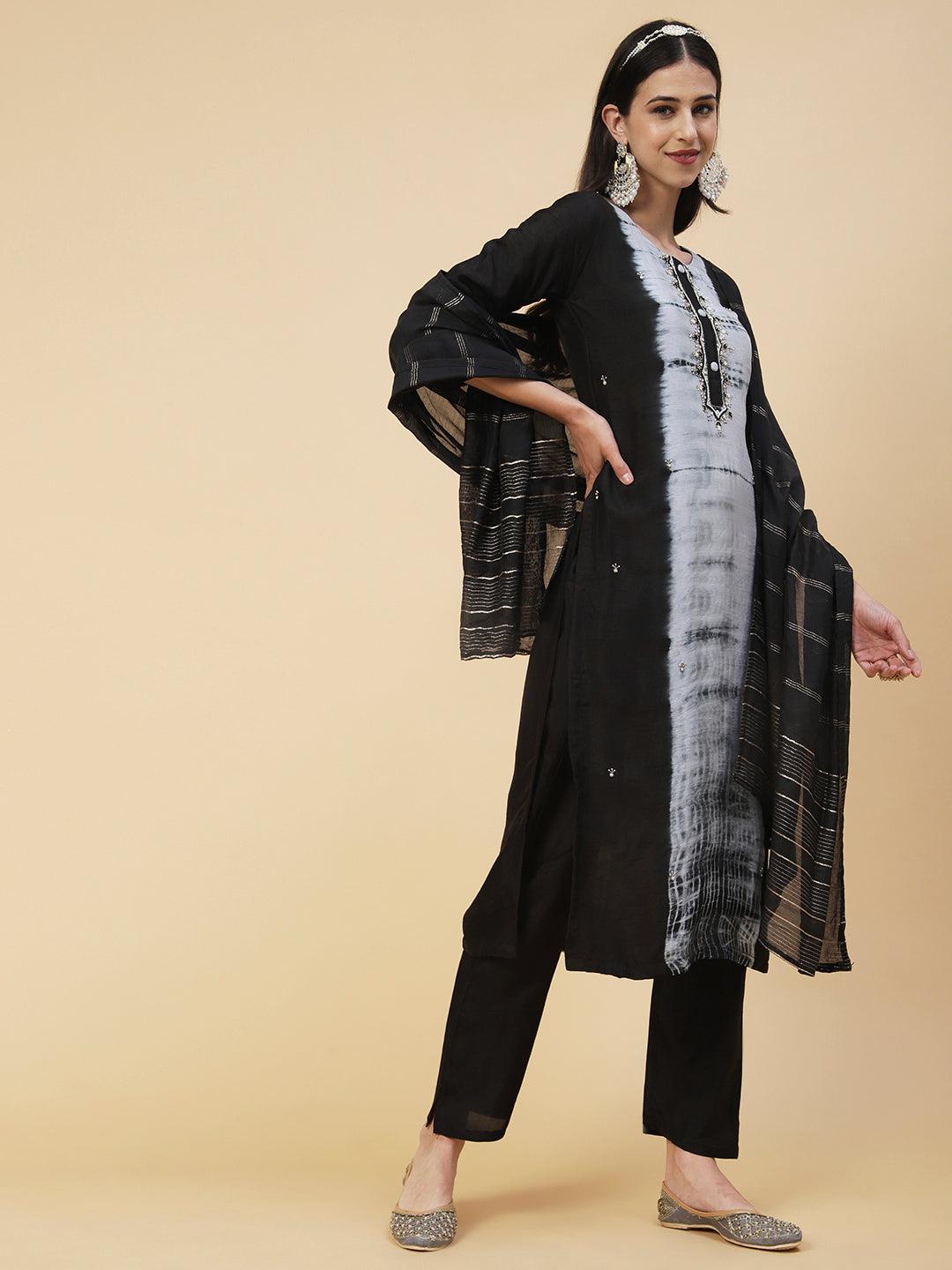 Tie - Dyed & Hand Embroidered Straight Fit Kurta with Pant & Dupatta - Black - Indiakreations