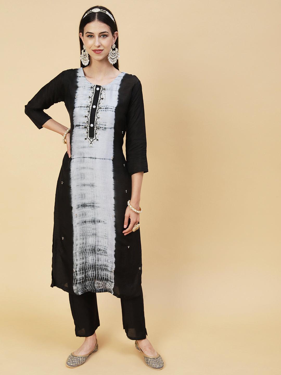 Tie - Dyed & Hand Embroidered Straight Fit Kurta with Pant & Dupatta - Black - Indiakreations