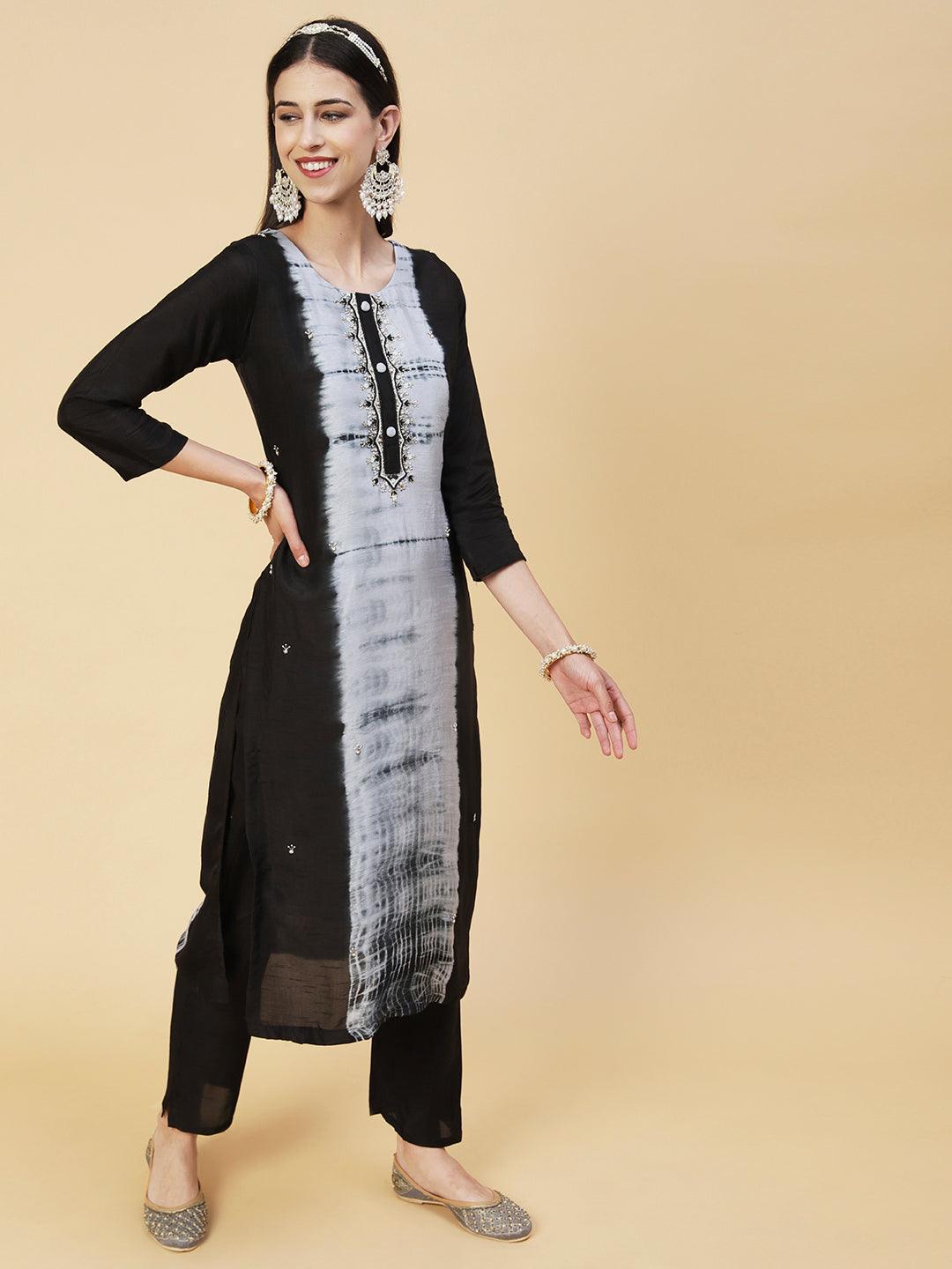 Tie - Dyed & Hand Embroidered Straight Fit Kurta with Pant & Dupatta - Black - Indiakreations