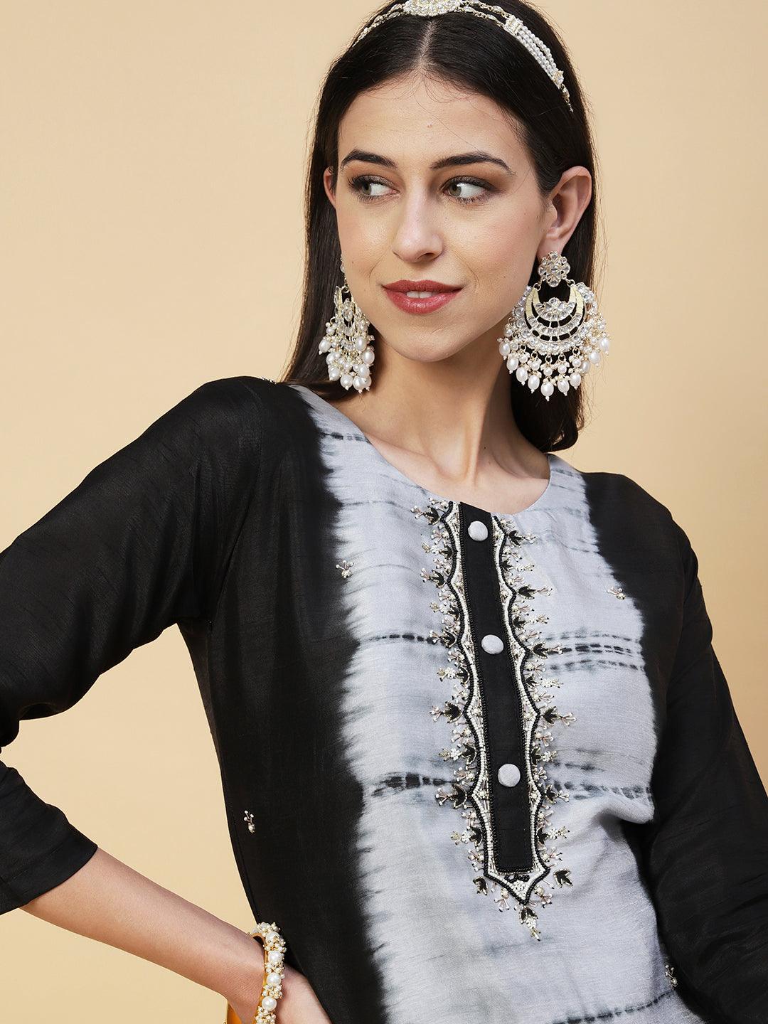 Tie - Dyed & Hand Embroidered Straight Fit Kurta with Pant & Dupatta - Black - Indiakreations