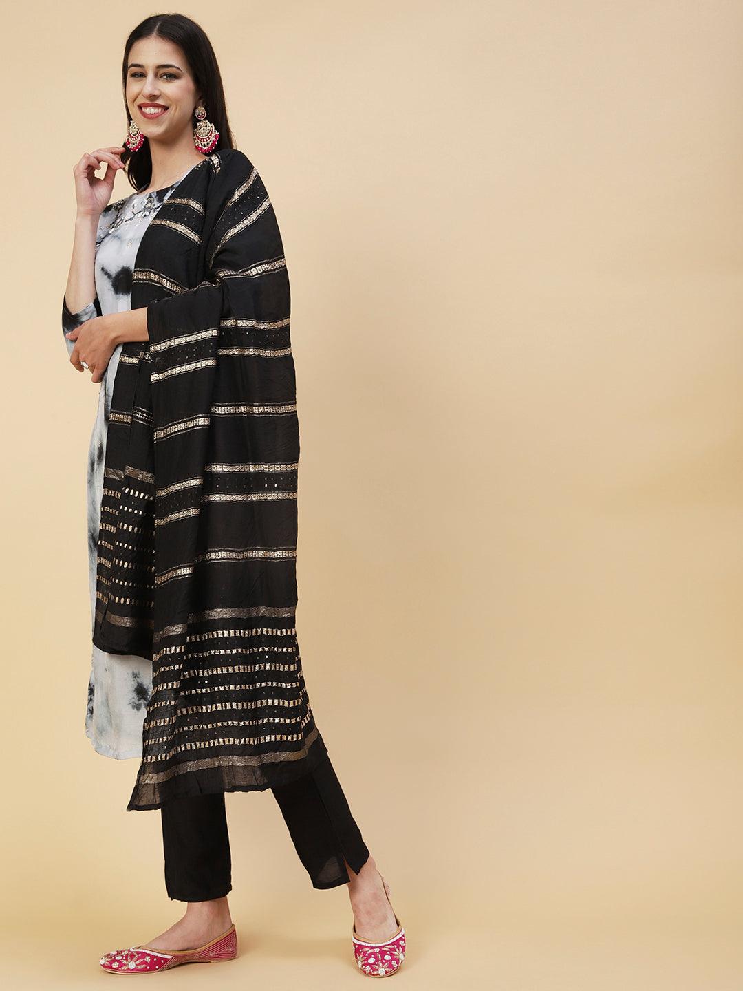 Shibori Dyed & Hand Embroidered Straight Kurta with Pant & Dupatta - Grey - Indiakreations