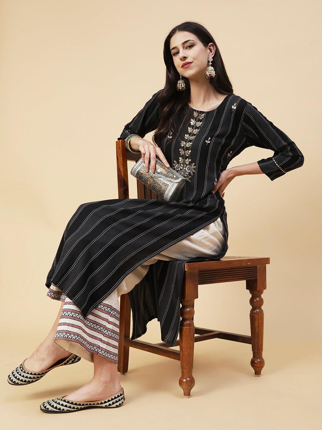 Woven Striped Mirror, Beads & Cutdana Embroidered Kurta - Black - Indiakreations