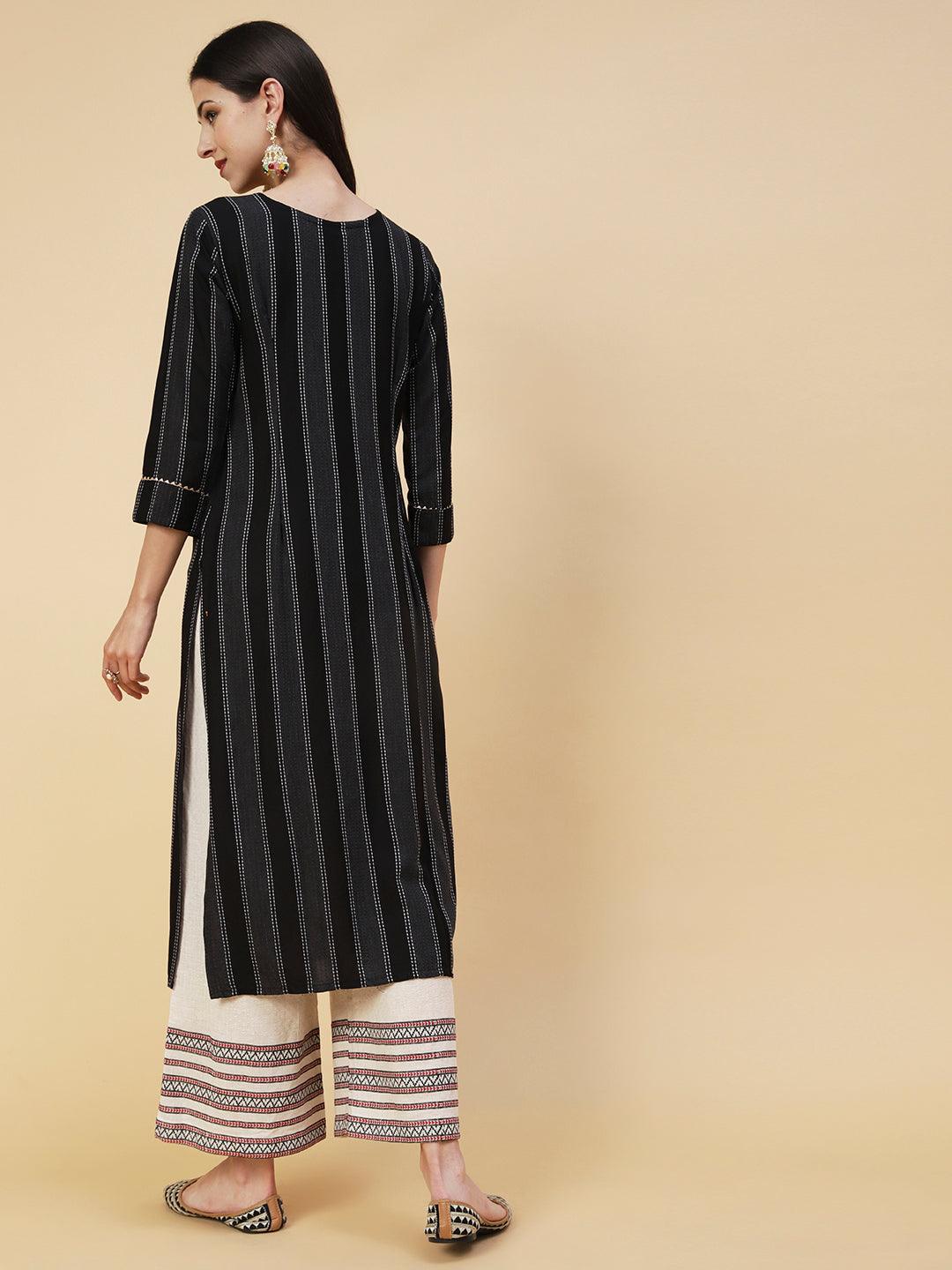 Woven Striped Mirror, Beads & Cutdana Embroidered Kurta - Black - Indiakreations