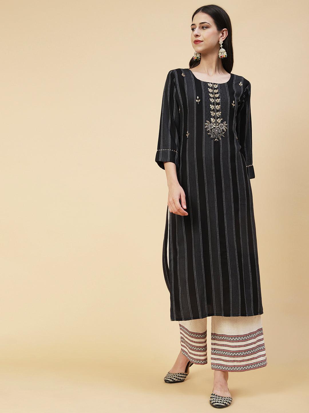 Woven Striped Mirror, Beads & Cutdana Embroidered Kurta - Black - Indiakreations