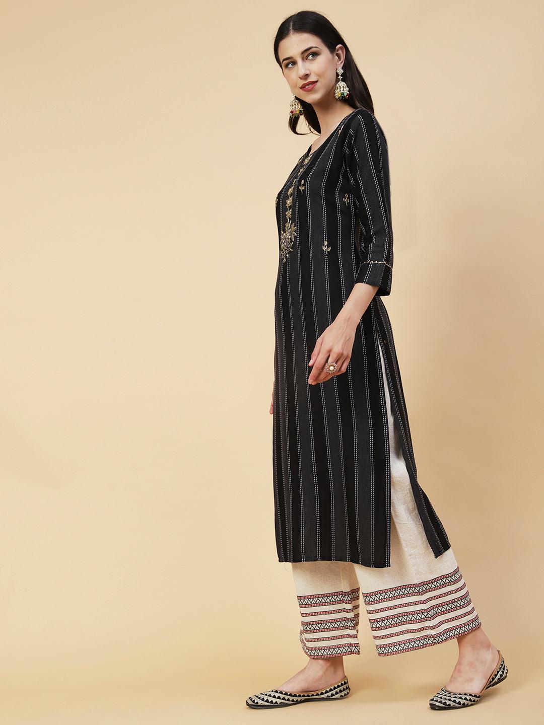 Woven Striped Mirror, Beads & Cutdana Embroidered Kurta - Black - Indiakreations