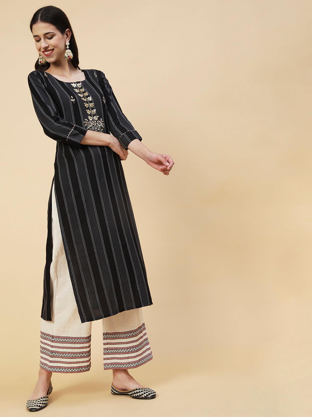 Woven Striped Mirror, Beads & Cutdana Embroidered Kurta - Black - Indiakreations