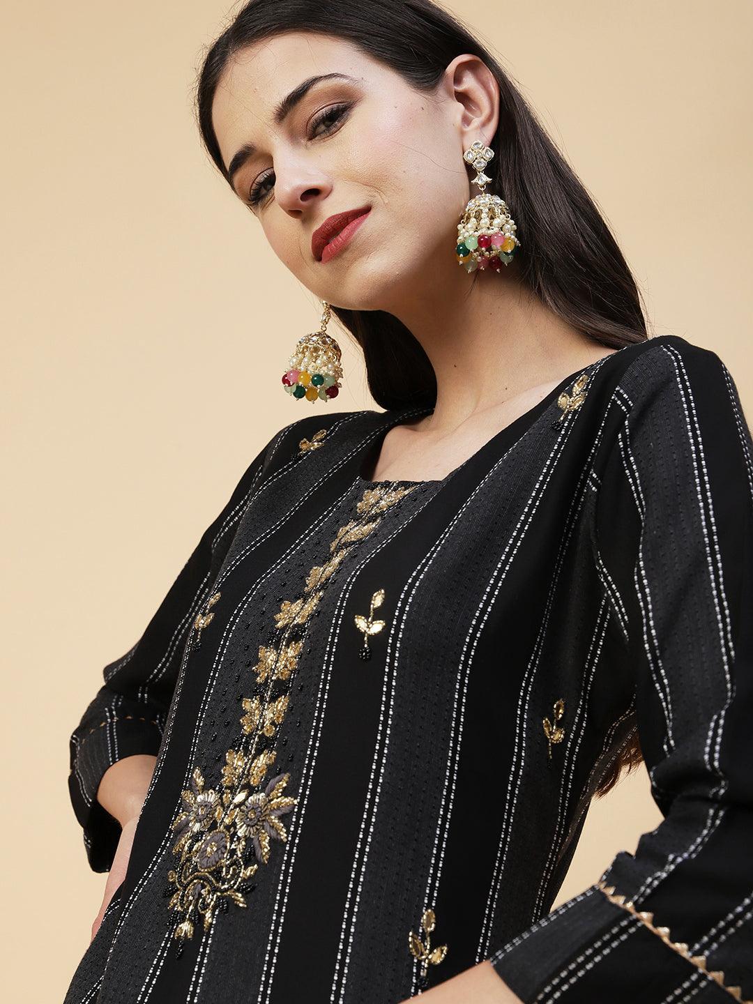 Woven Striped Mirror, Beads & Cutdana Embroidered Kurta - Black - Indiakreations