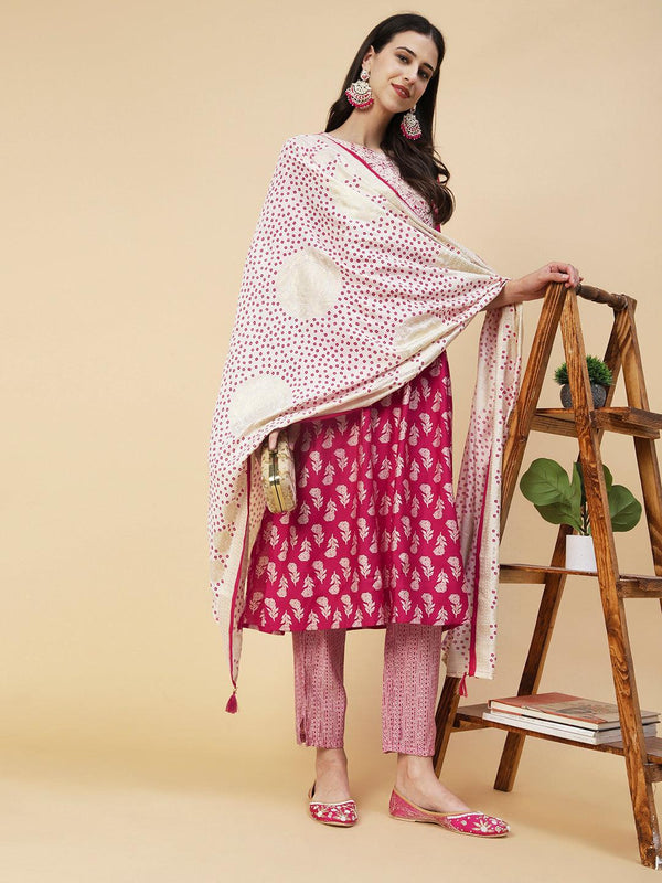 Floral Block Printed Resham Dori Embroidered Flared Kurta With Pants & Foil Printed Dupatta - Fuchsia - Indiakreations