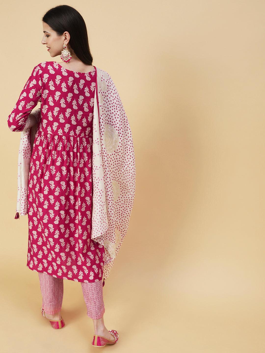 Floral Block Printed Resham Dori Embroidered Flared Kurta With Pants & Foil Printed Dupatta - Fuchsia - Indiakreations