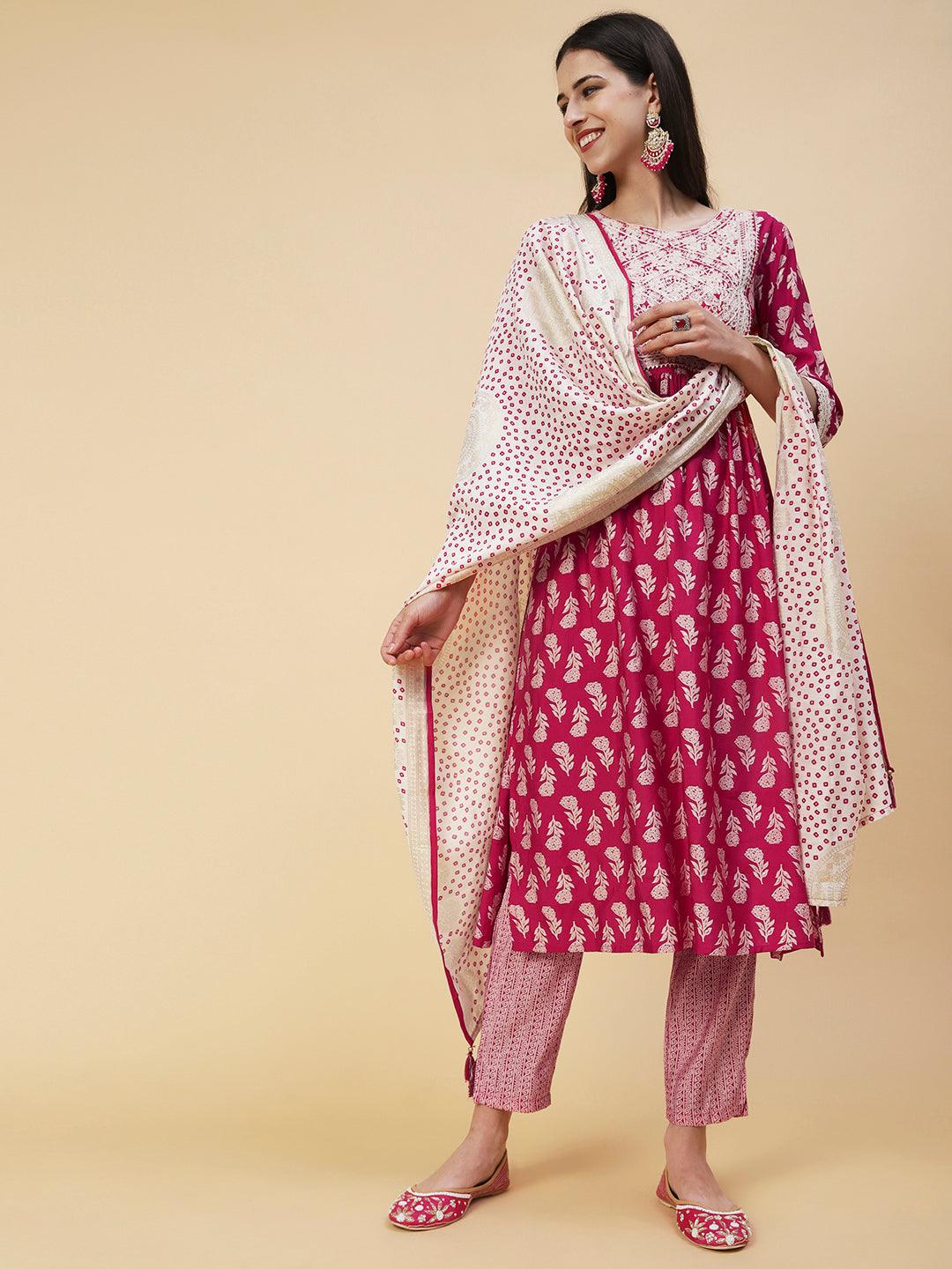 Floral Block Printed Resham Dori Embroidered Flared Kurta With Pants & Foil Printed Dupatta - Fuchsia - Indiakreations