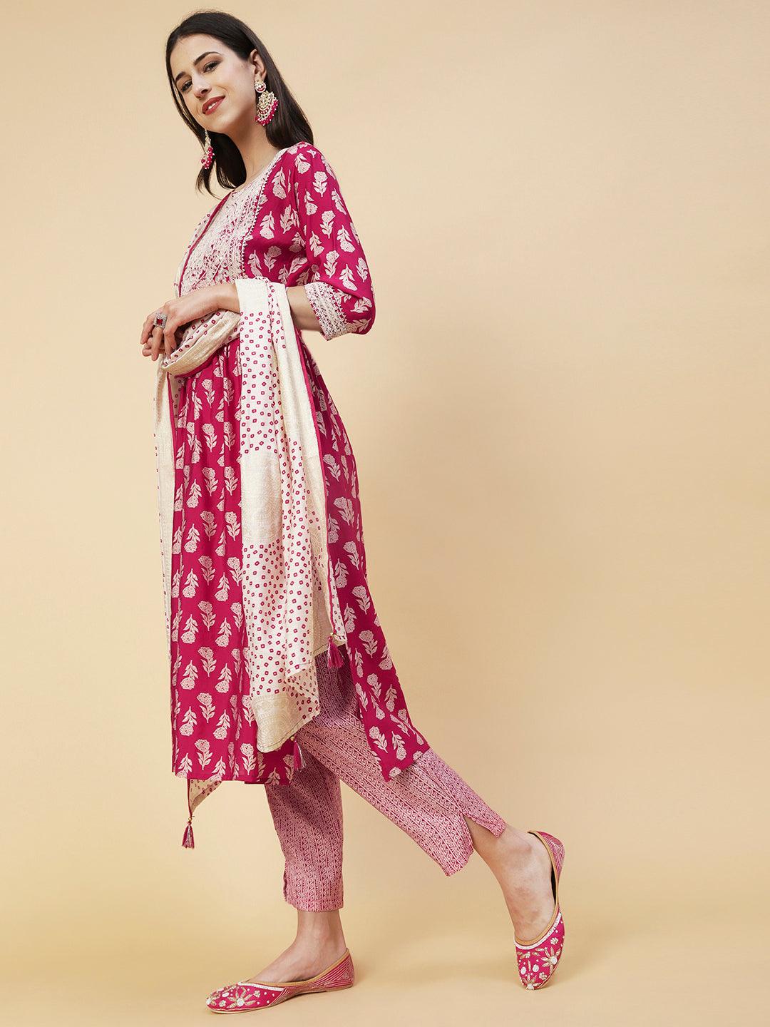 Floral Block Printed Resham Dori Embroidered Flared Kurta With Pants & Foil Printed Dupatta - Fuchsia - Indiakreations