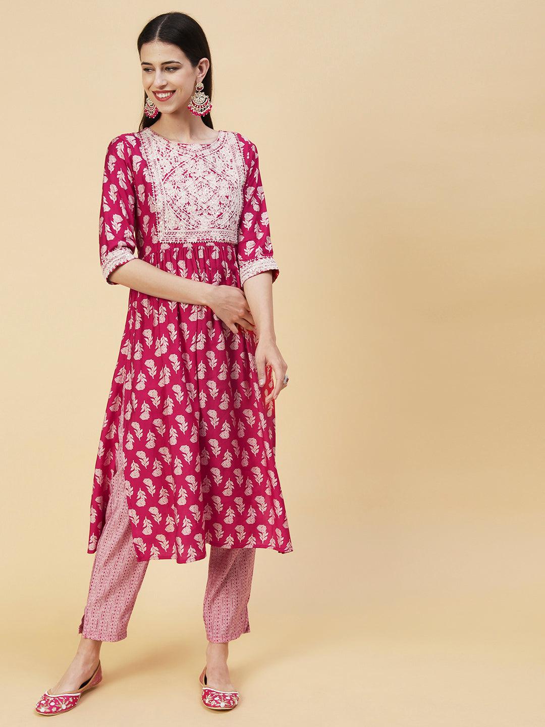 Floral Block Printed Resham Dori Embroidered Flared Kurta With Pants & Foil Printed Dupatta - Fuchsia - Indiakreations