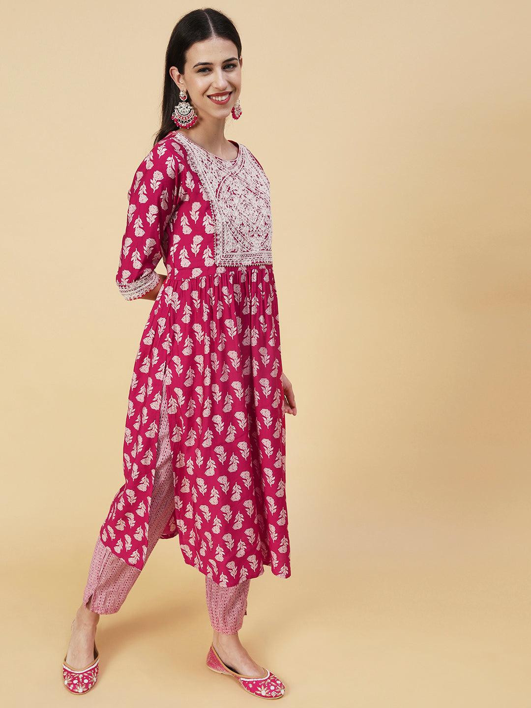 Floral Block Printed Resham Dori Embroidered Flared Kurta With Pants & Foil Printed Dupatta - Fuchsia - Indiakreations