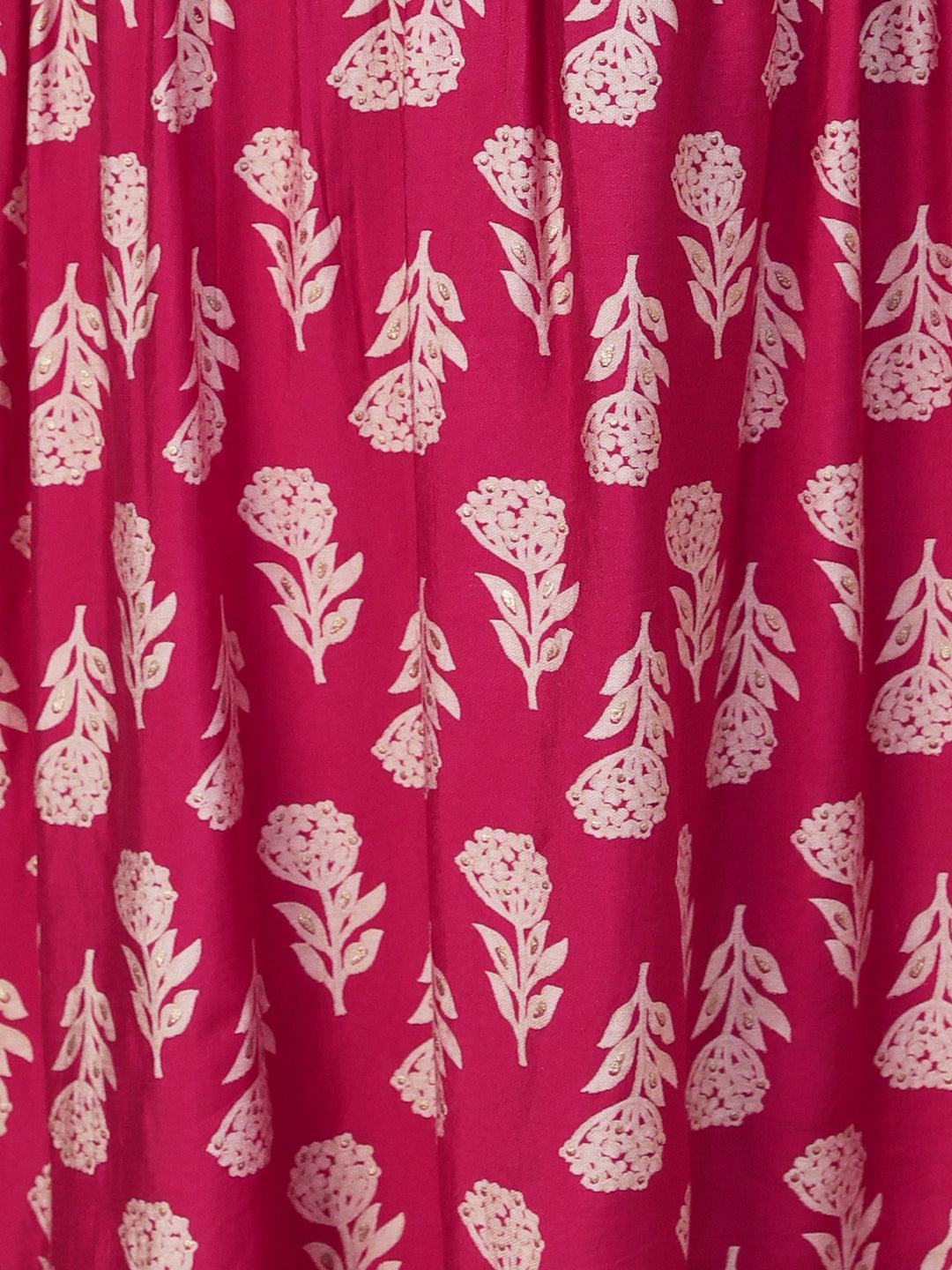 Floral Block Printed Resham Dori Embroidered Flared Kurta With Pants & Foil Printed Dupatta - Fuchsia - Indiakreations