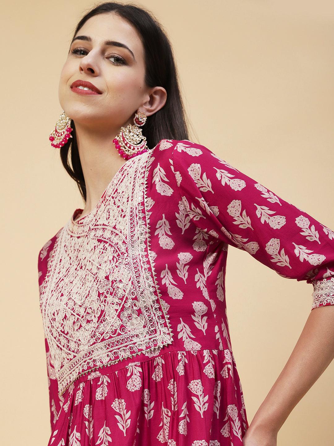 Floral Block Printed Resham Dori Embroidered Flared Kurta With Pants & Foil Printed Dupatta - Fuchsia - Indiakreations