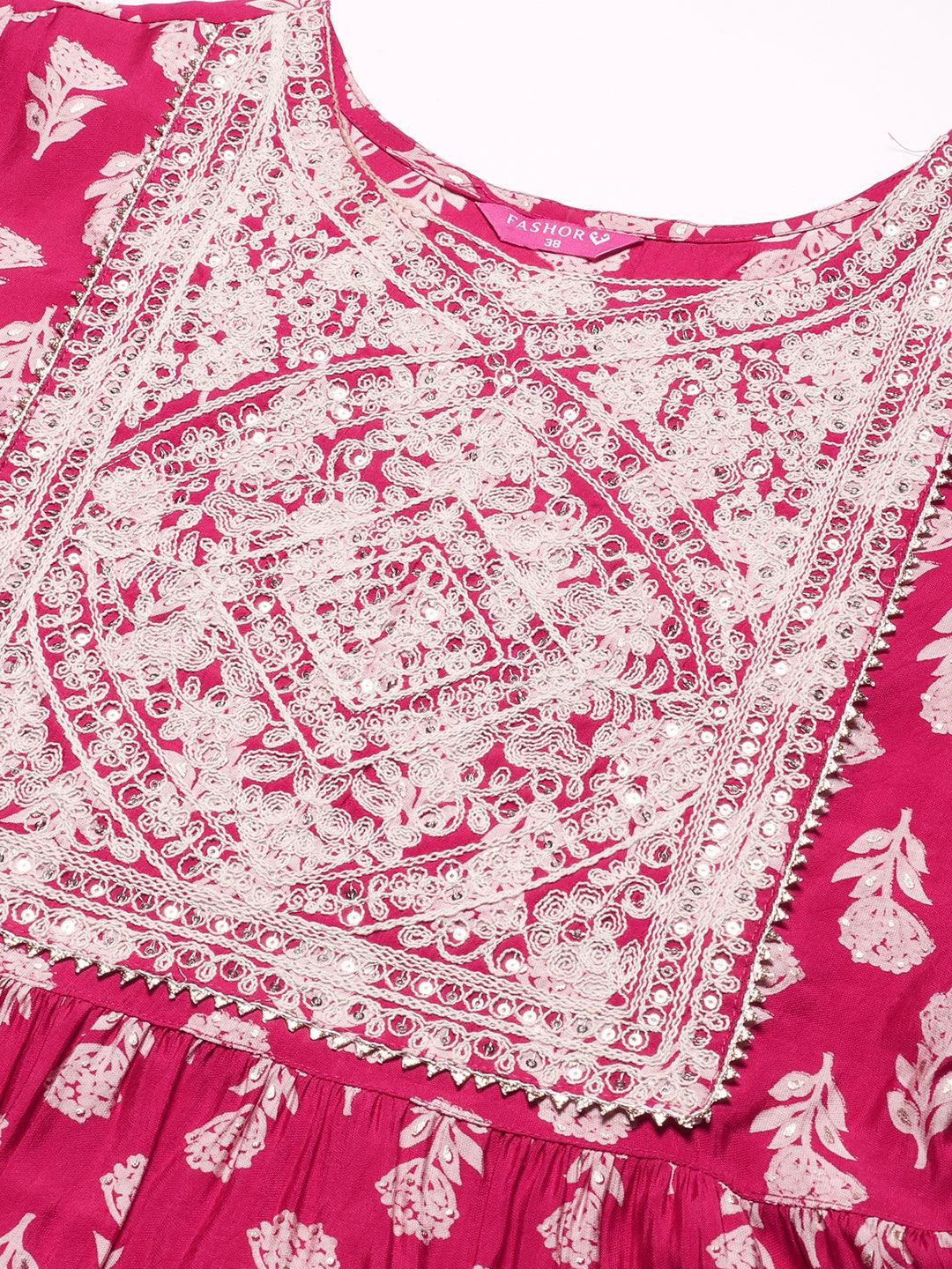 Floral Block Printed Resham Dori Embroidered Flared Kurta With Pants & Foil Printed Dupatta - Fuchsia - Indiakreations