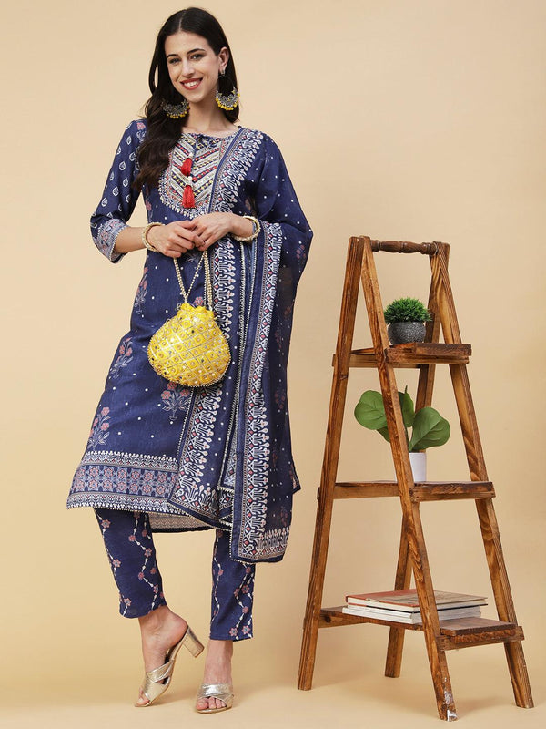 Floral Printed Zari & Resham Embroidered Kurta With Printed Pants & Dupatta - Blue - Indiakreations