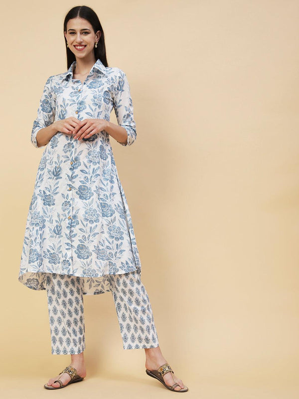 Floral Printed Wooden Buttoned High-low Hem Kurta With Block Printed Pants - White & Blue - Indiakreations