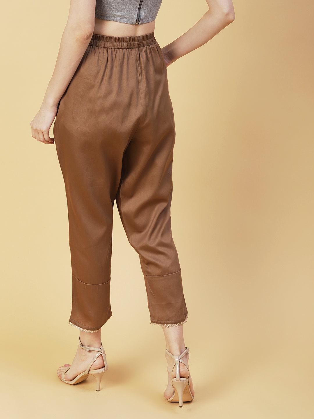 Solid Scalloped Hem Straight Fit Palazzo - Brown - Indiakreations