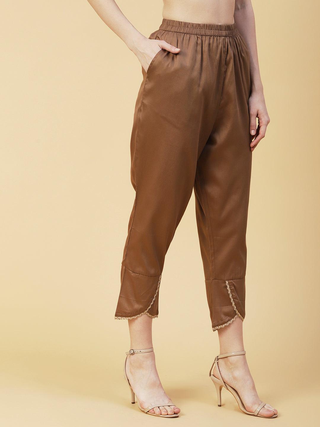 Solid Scalloped Hem Straight Fit Palazzo - Brown - Indiakreations