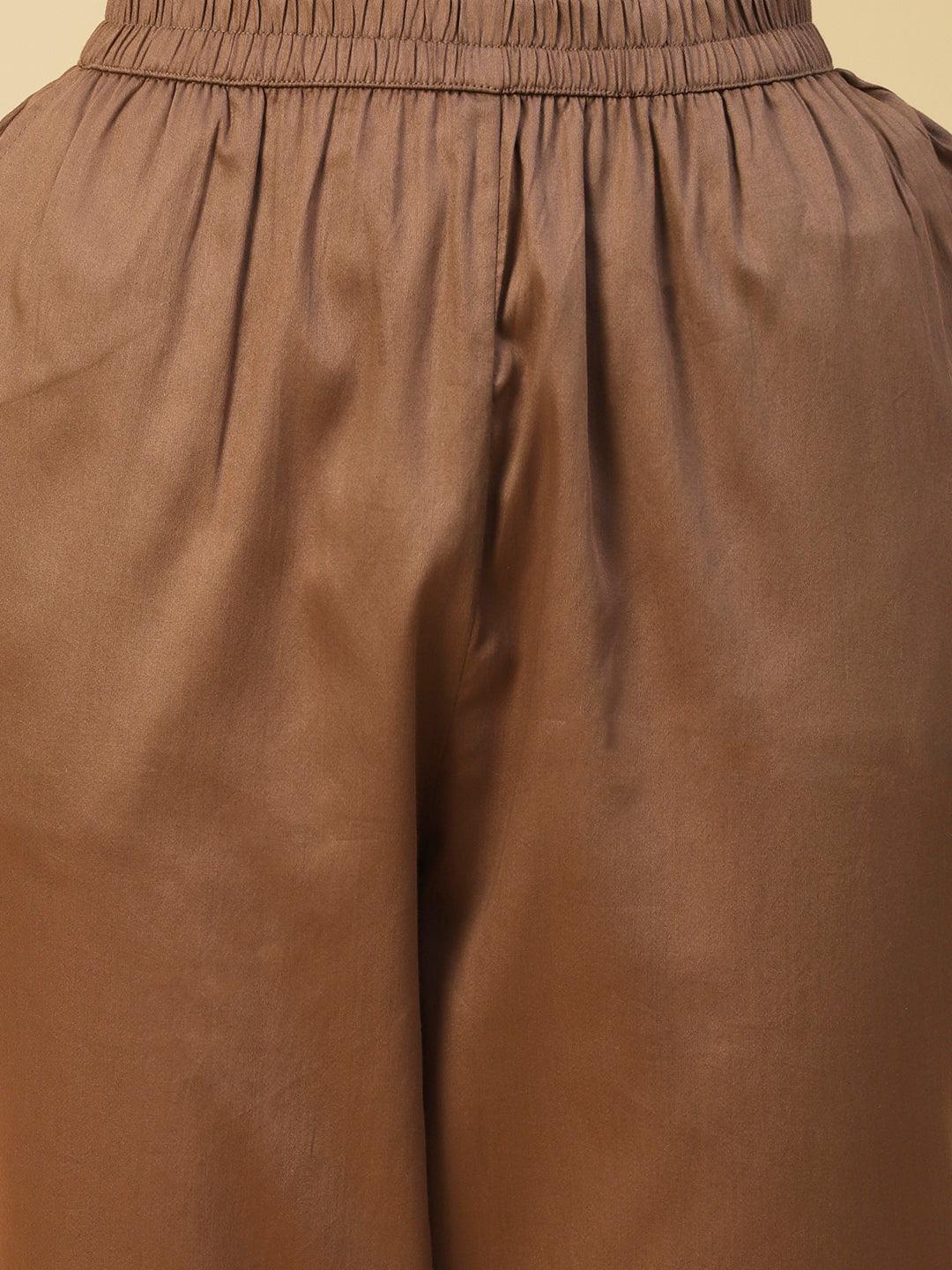 Solid Scalloped Hem Straight Fit Palazzo - Brown - Indiakreations