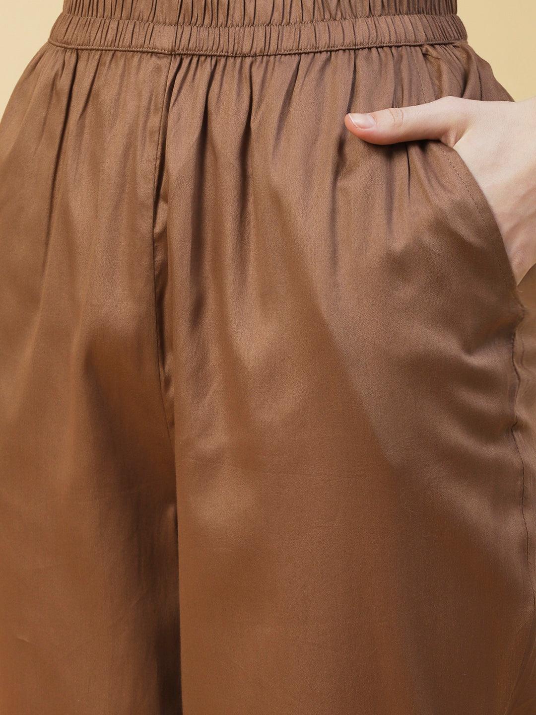 Solid Scalloped Hem Straight Fit Palazzo - Brown - Indiakreations