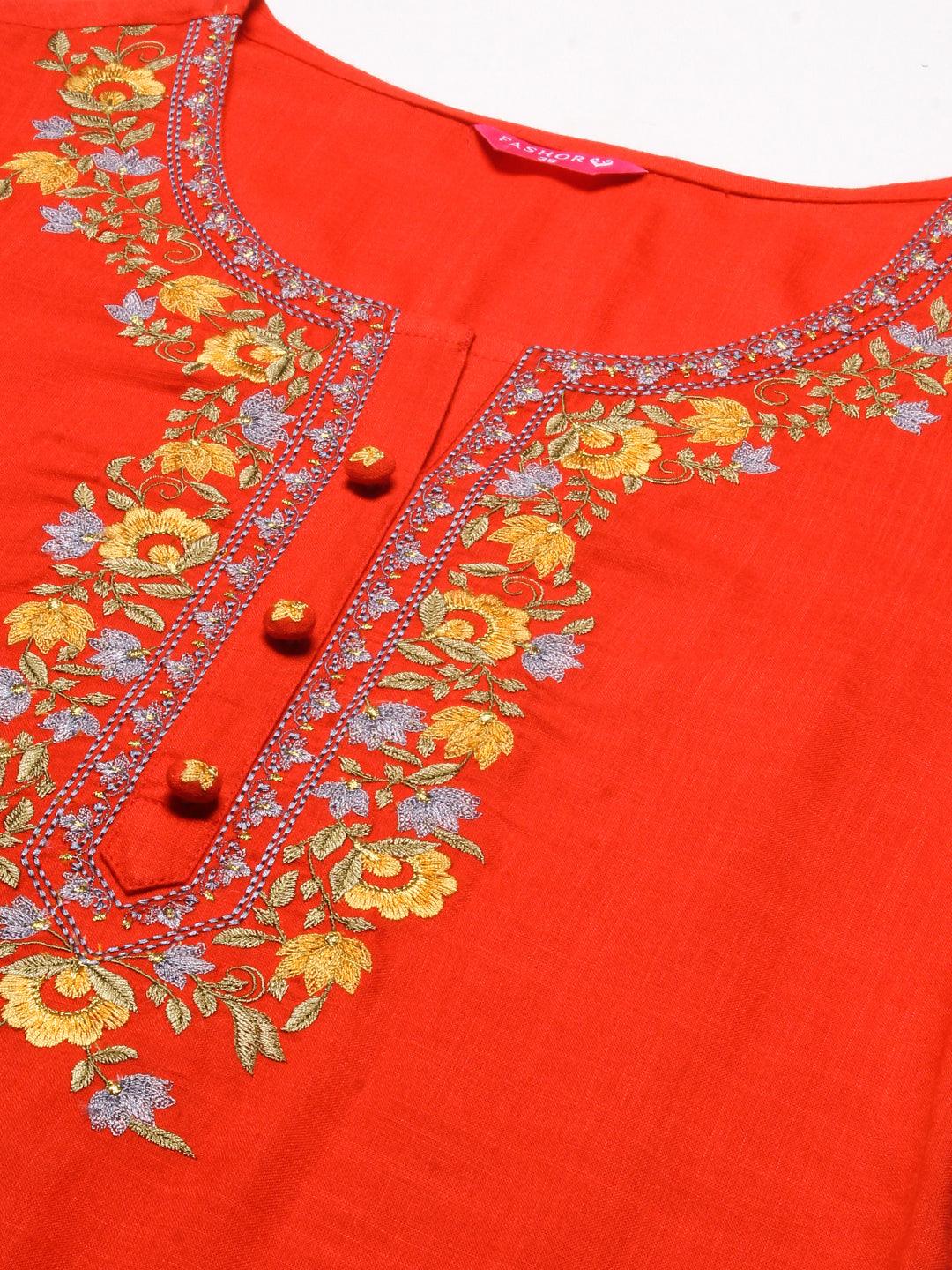 Solid Resham & Zari Floral Embroidered Kurta - Red - Indiakreations