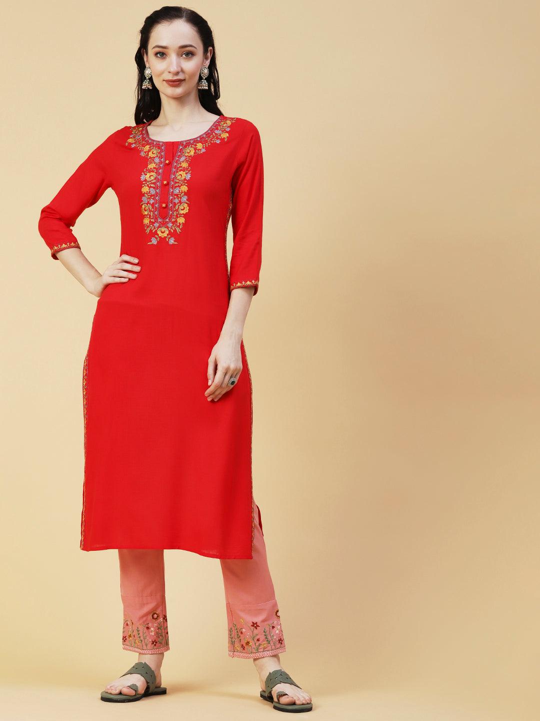 Solid Resham & Zari Floral Embroidered Kurta - Red - Indiakreations