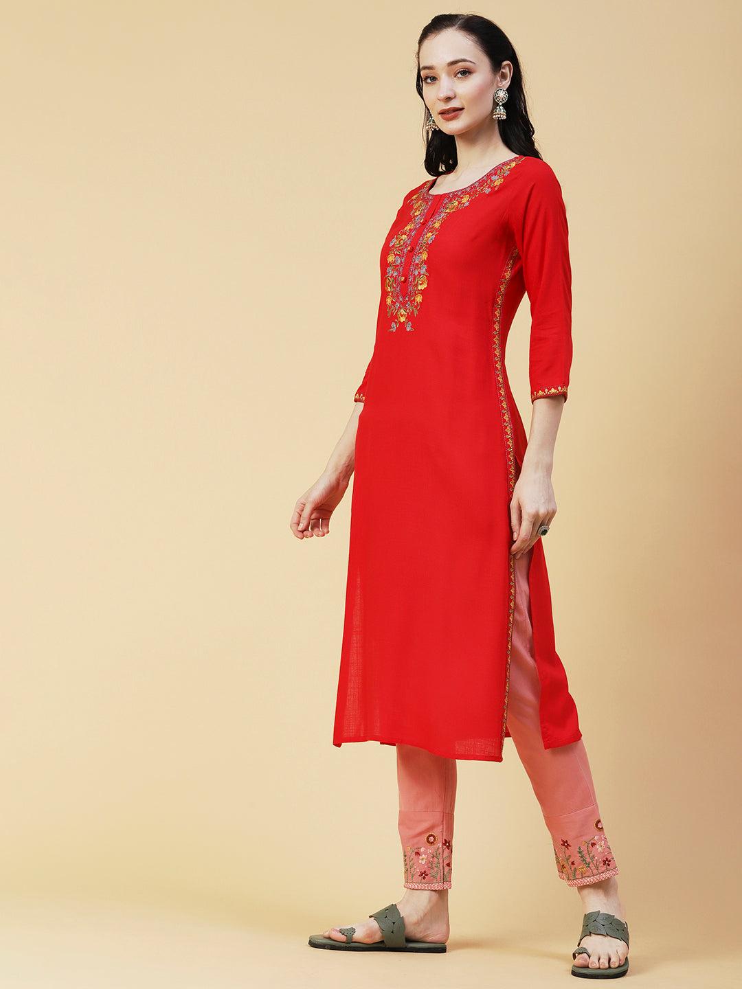 Solid Resham & Zari Floral Embroidered Kurta - Red - Indiakreations