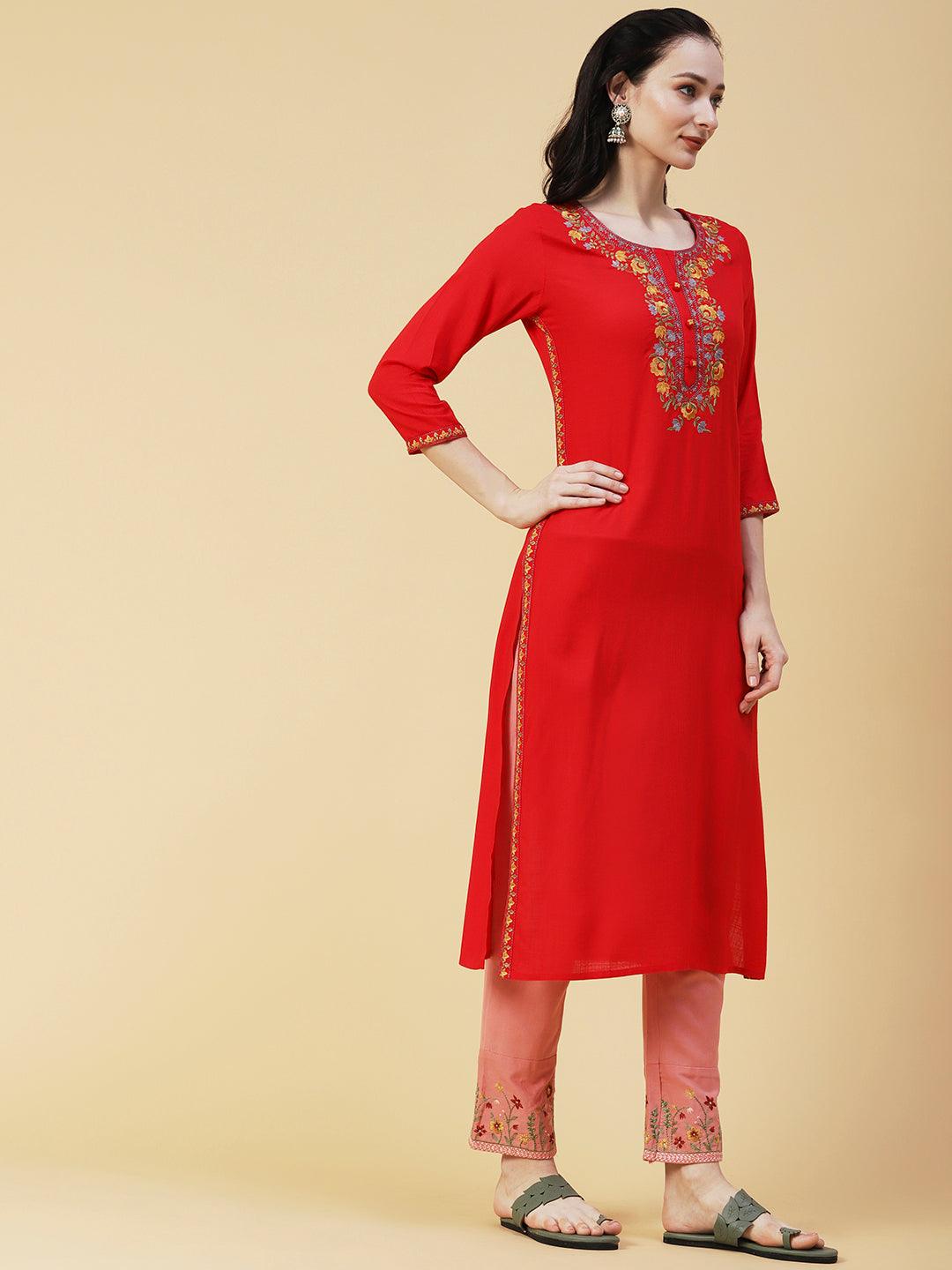 Solid Resham & Zari Floral Embroidered Kurta - Red - Indiakreations