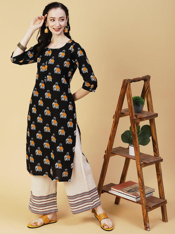 Elephant Printed Buttoned Kurta - Black - Indiakreations