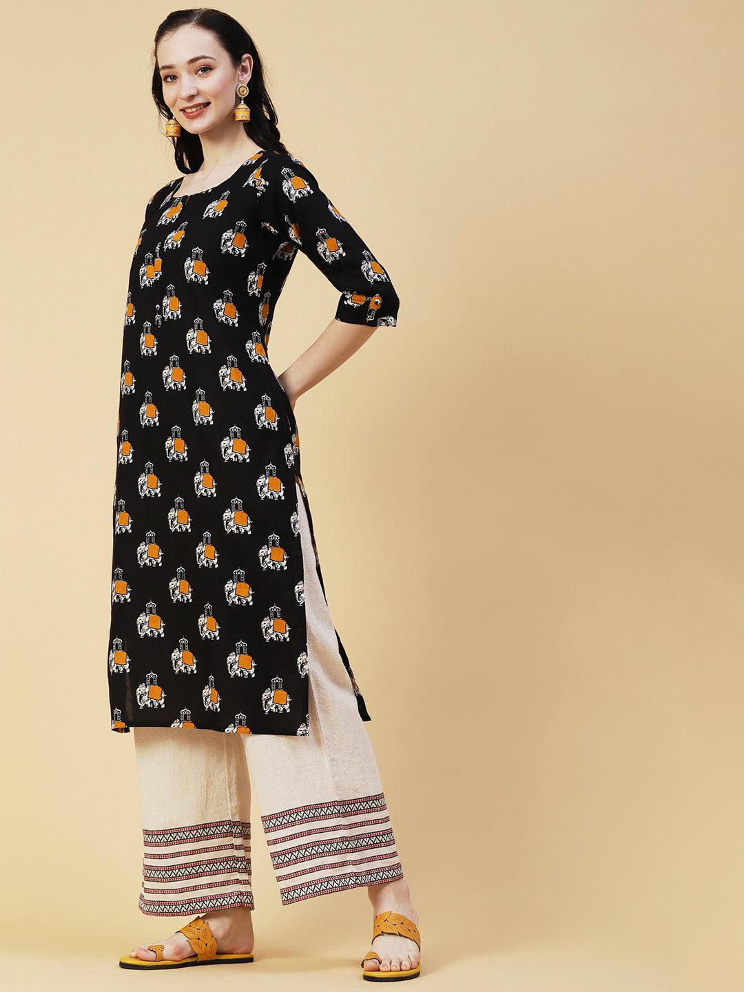 Elephant Printed Buttoned Kurta - Black - Indiakreations