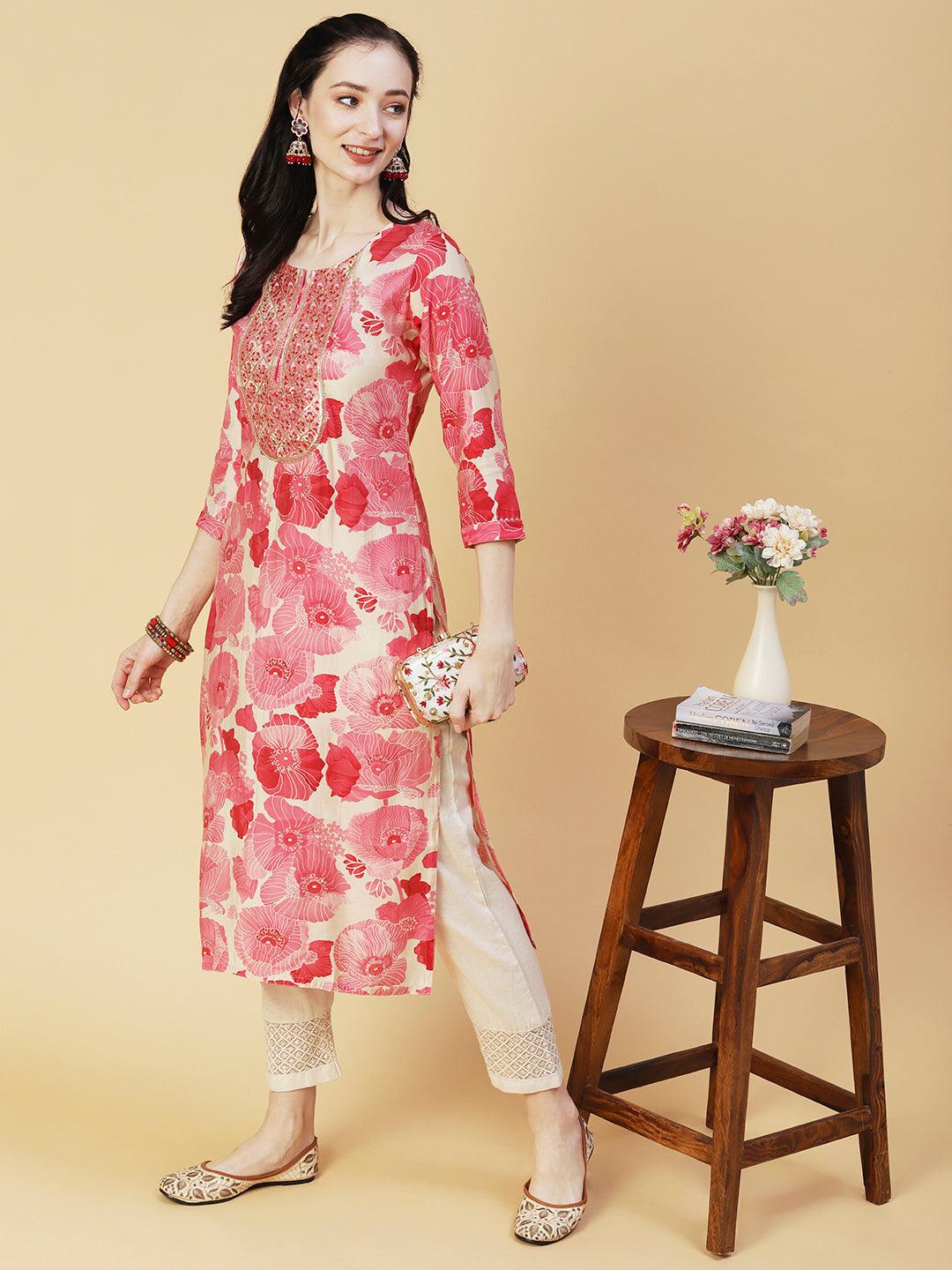 Abstract Floral Printed & Embroidered Straight Fit Kurta - Pink - Indiakreations