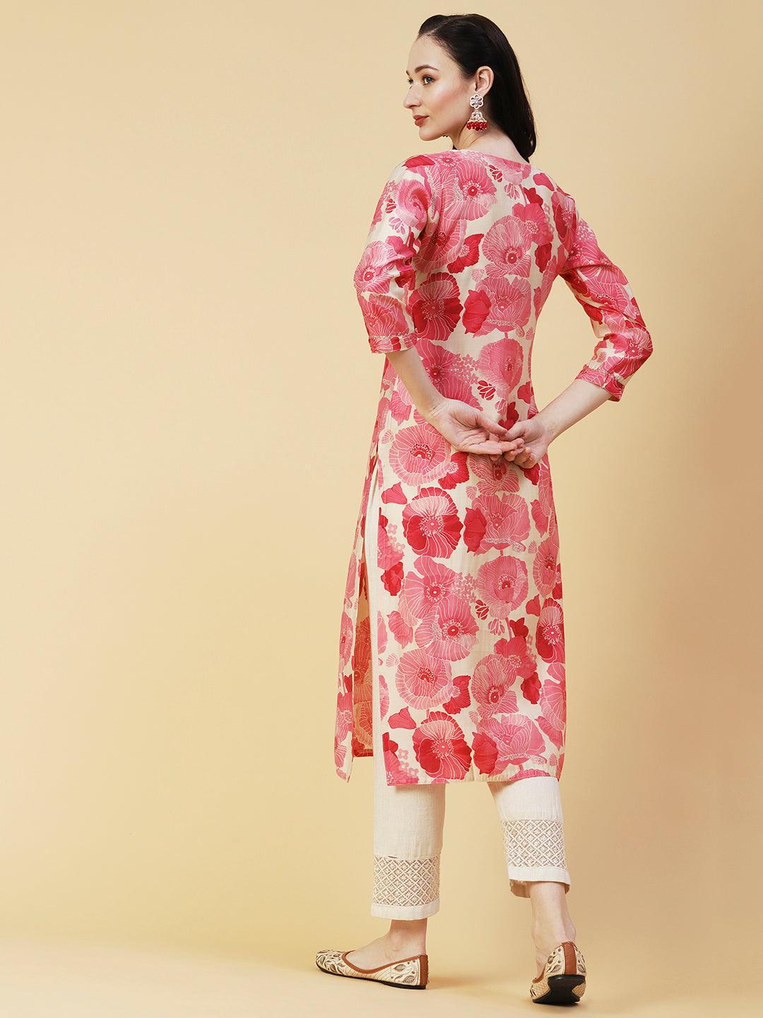 Abstract Floral Printed & Embroidered Straight Fit Kurta - Pink - Indiakreations