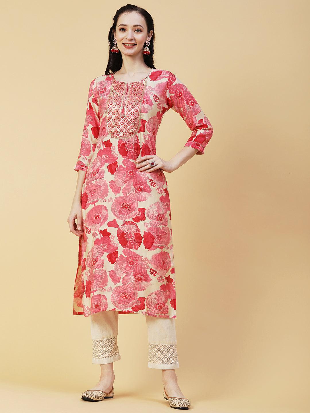 Abstract Floral Printed & Embroidered Straight Fit Kurta - Pink - Indiakreations