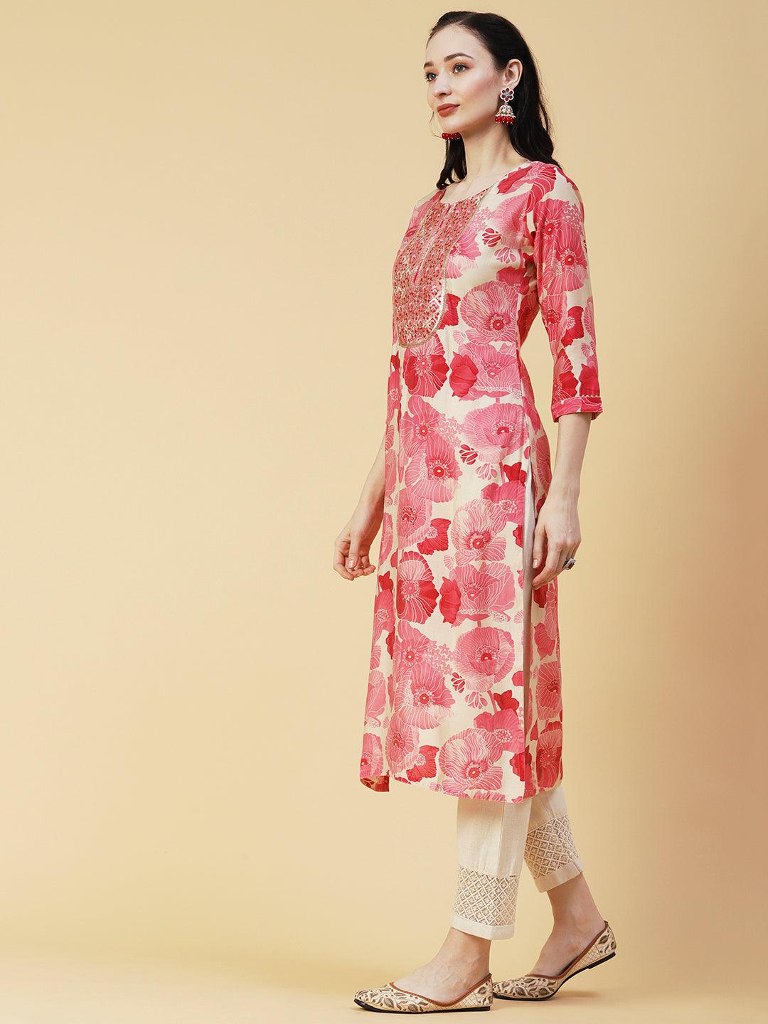 Abstract Floral Printed & Embroidered Straight Fit Kurta - Pink - Indiakreations